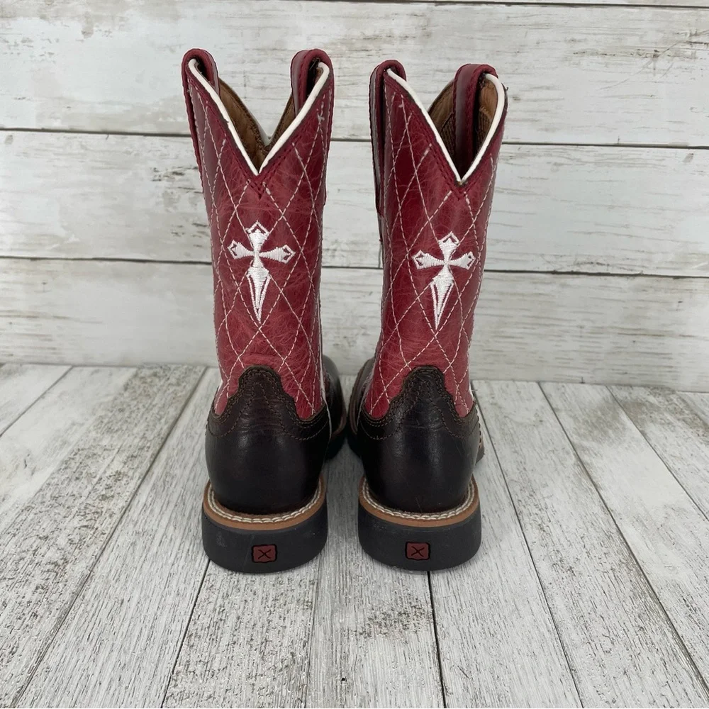 Twisted X Kids Red & Brown Leather‎ Square Toe Cowboy Boots Size 9.5M Western
